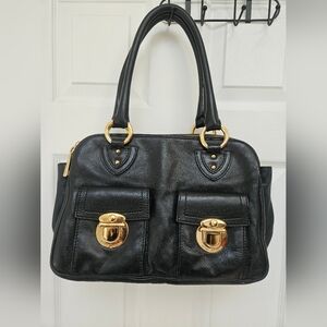 Marc Jacobs Black Leather Satchel Gold Hardware Front Pocket Bag